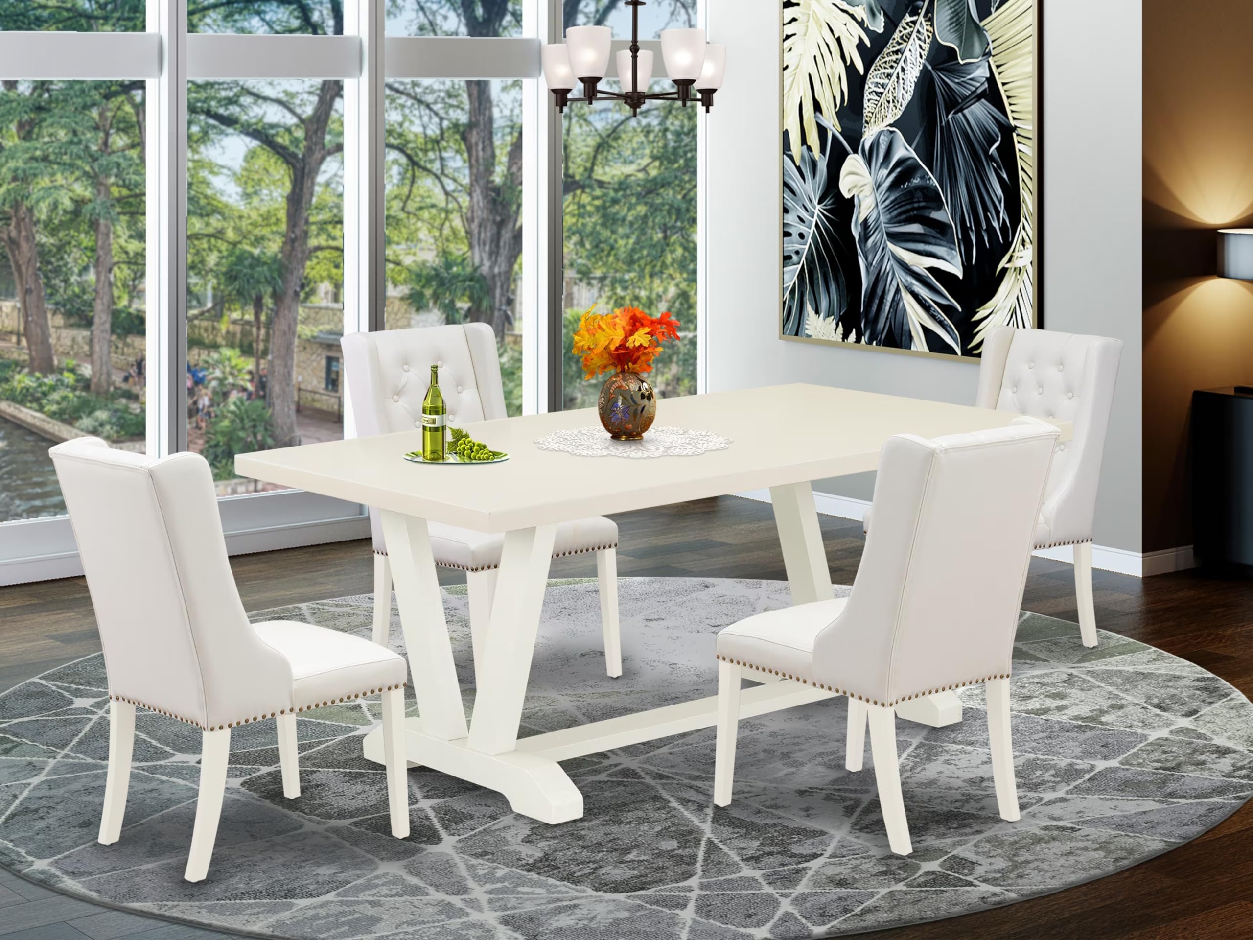 East West Furniture V027FO244-5 5 Piece Modern Dining Table Set Includes a Rectangle Wooden Table with V-Legs and 4 Light Grey Faux Leather Parson Dining Chairs, 40x72 Inch, Multi-Color